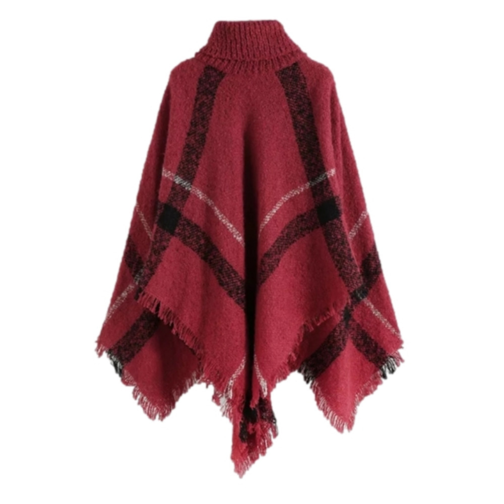 SALE! PLAID Poncho Sweater Turtleneck Jacket Cape Fringe Bottom Red NEW! - Picture 4 of 6